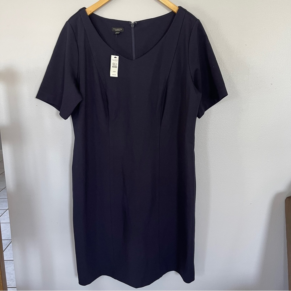 Talbots Black V Neck Ponte Knit Sheath Dress Size 10 Short Sleeve Rayon …